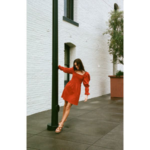 Linen Shirred Mini Dress Square Neck Double Puffed Sleeves Poppy Red S